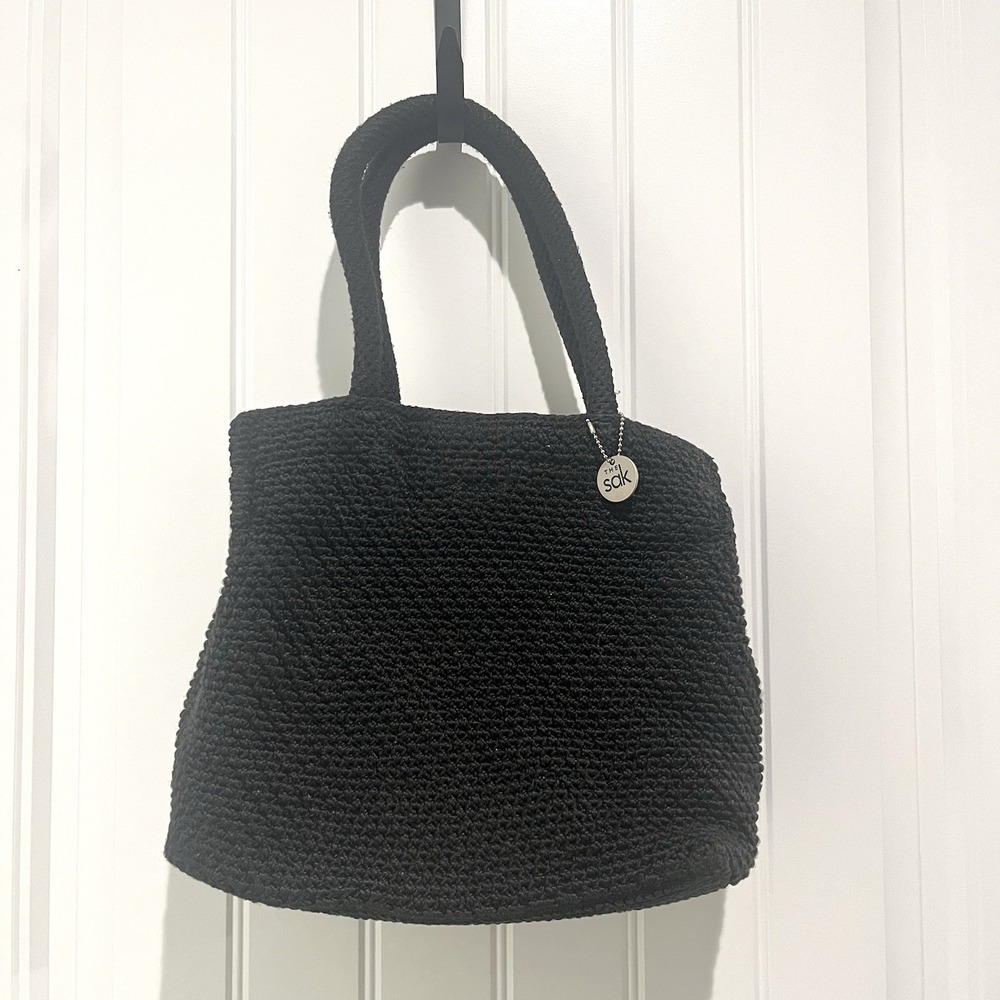 The Sak Purse‎ Hobo Crochet Woven Shoulder Bag Black Double Strap Zip Logo FOB
